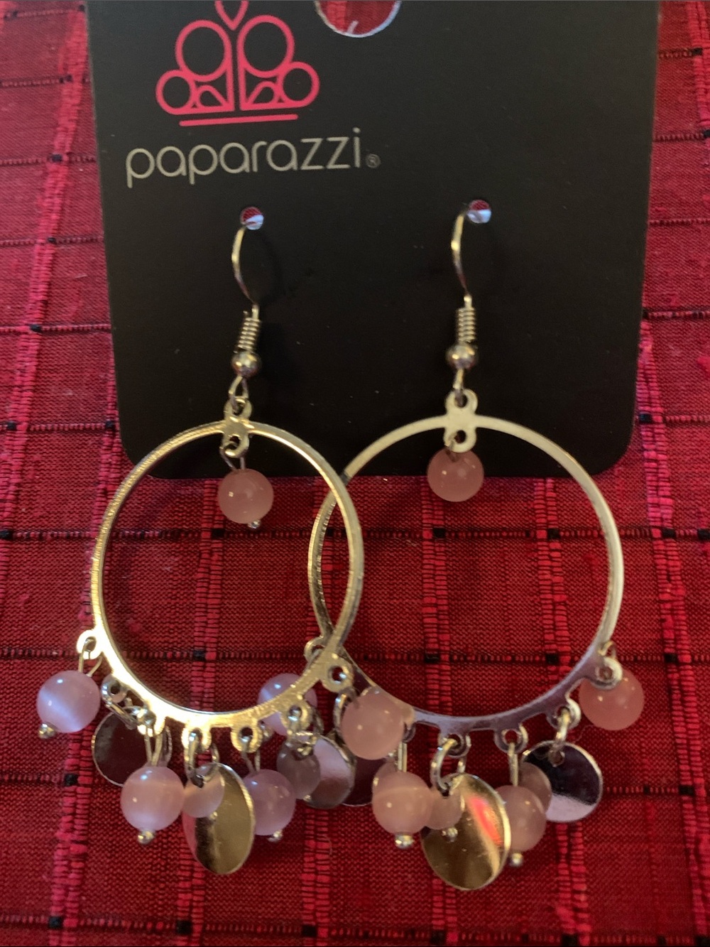 paparazzi Pink Bead and Silver Disc Hoop Earrings